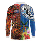 Fiji and Australia Together Long Sleeve Polo Shirt Fijian Tapa Plants with Kangaroo and Aboriginal - Aussie Hoodie