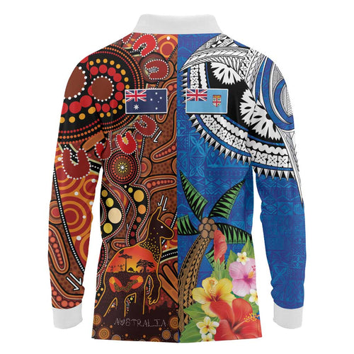 Fiji and Australia Together Long Sleeve Polo Shirt Fijian Tapa Plants with Kangaroo and Aboriginal - Aussie Hoodie