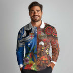 Fiji and Australia Together Long Sleeve Polo Shirt Fijian Tapa Plants with Kangaroo and Aboriginal - Aussie Hoodie