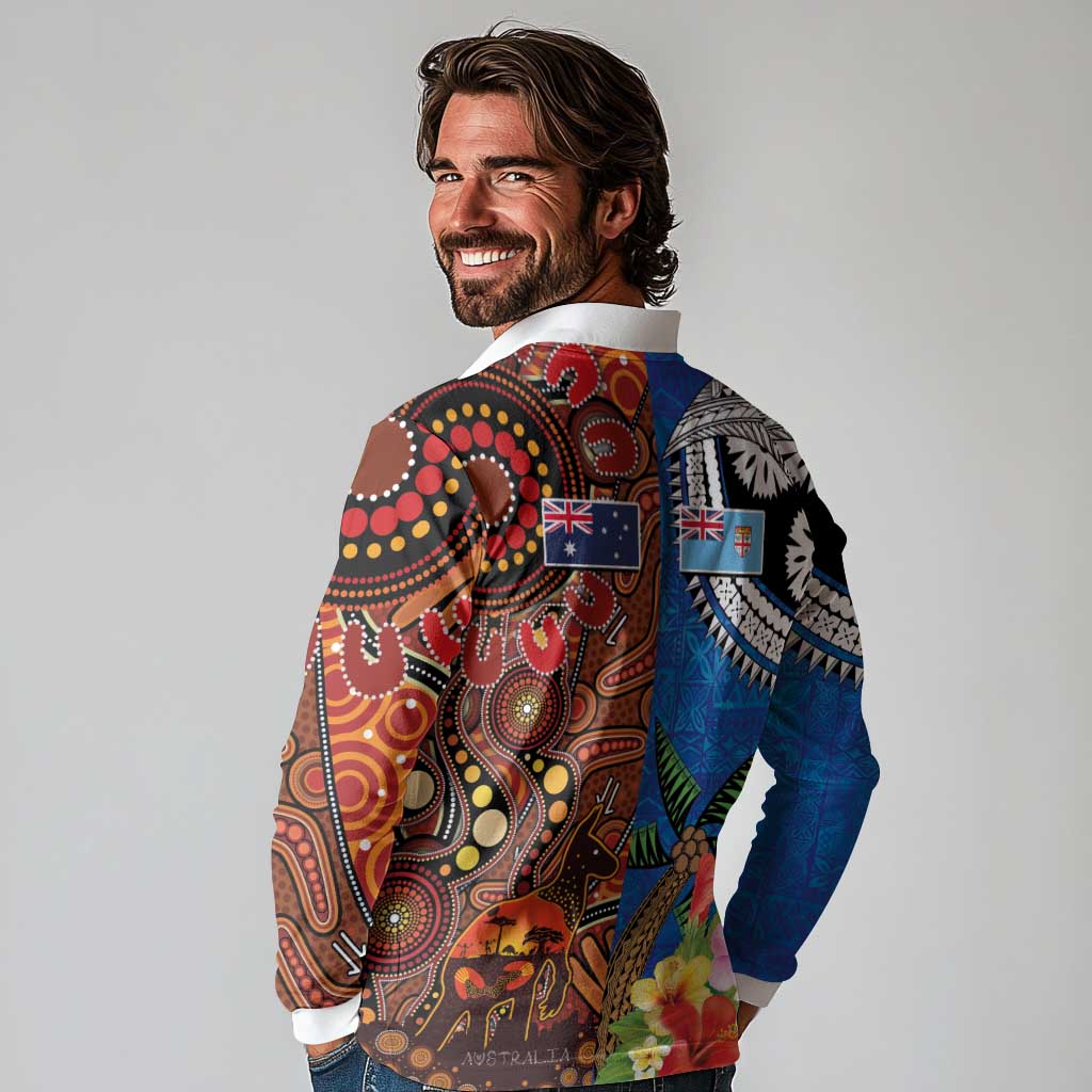 Fiji and Australia Together Long Sleeve Polo Shirt Fijian Tapa Plants with Kangaroo and Aboriginal - Aussie Hoodie