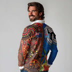 Fiji and Australia Together Long Sleeve Polo Shirt Fijian Tapa Plants with Kangaroo and Aboriginal - Aussie Hoodie