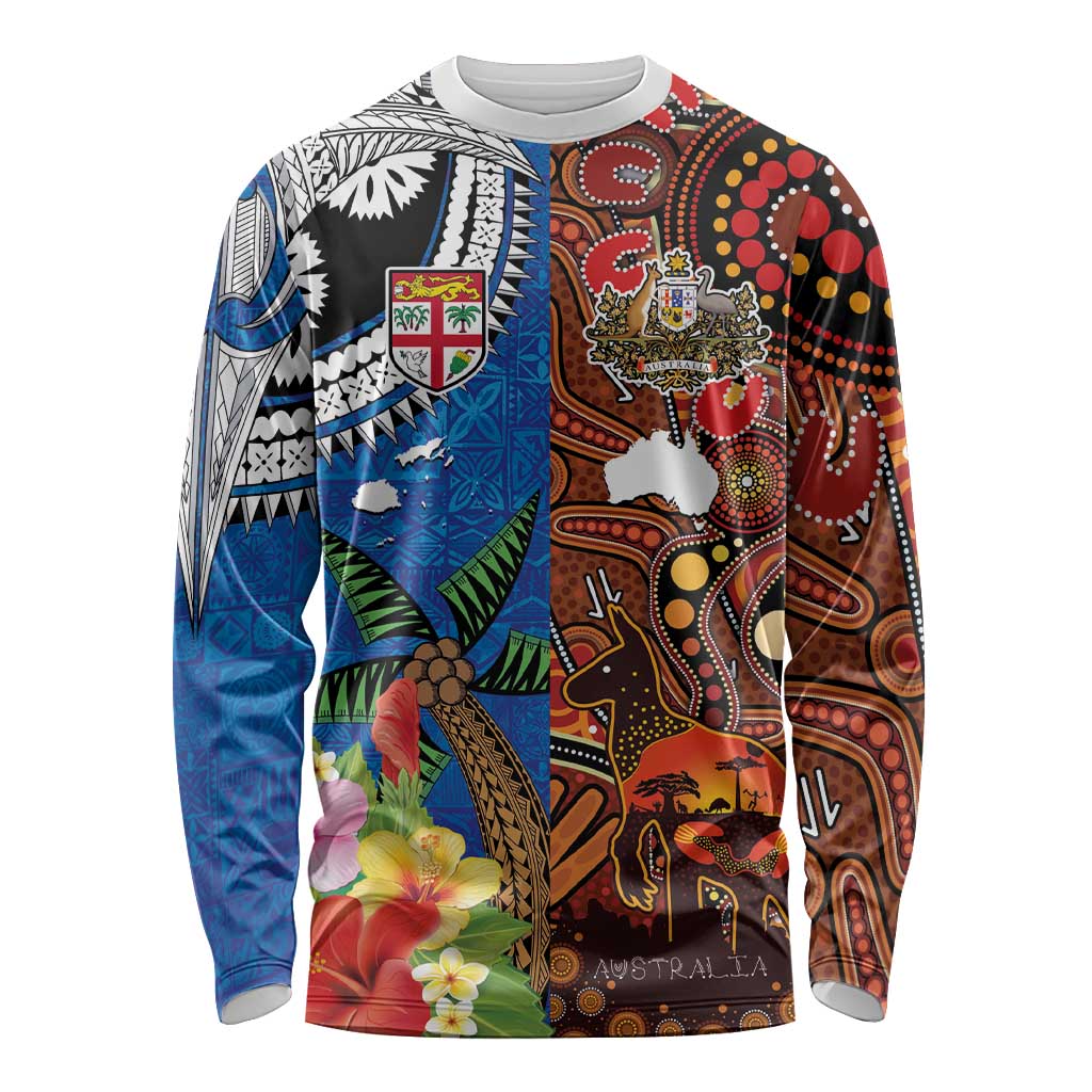 Fiji and Australia Together Long Sleeve Shirt Fijian Tapa Plants with Kangaroo and Aboriginal - Aussie Hoodie