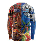 Fiji and Australia Together Long Sleeve Shirt Fijian Tapa Plants with Kangaroo and Aboriginal - Aussie Hoodie