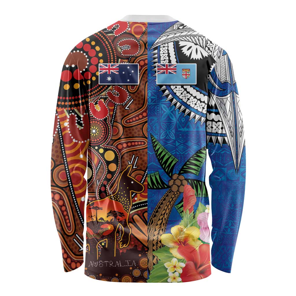 Fiji and Australia Together Long Sleeve Shirt Fijian Tapa Plants with Kangaroo and Aboriginal - Aussie Hoodie