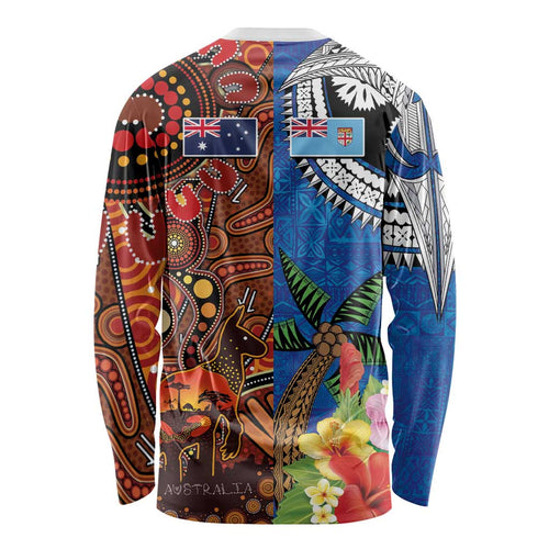 Fiji and Australia Together Long Sleeve Shirt Fijian Tapa Plants with Kangaroo and Aboriginal - Aussie Hoodie