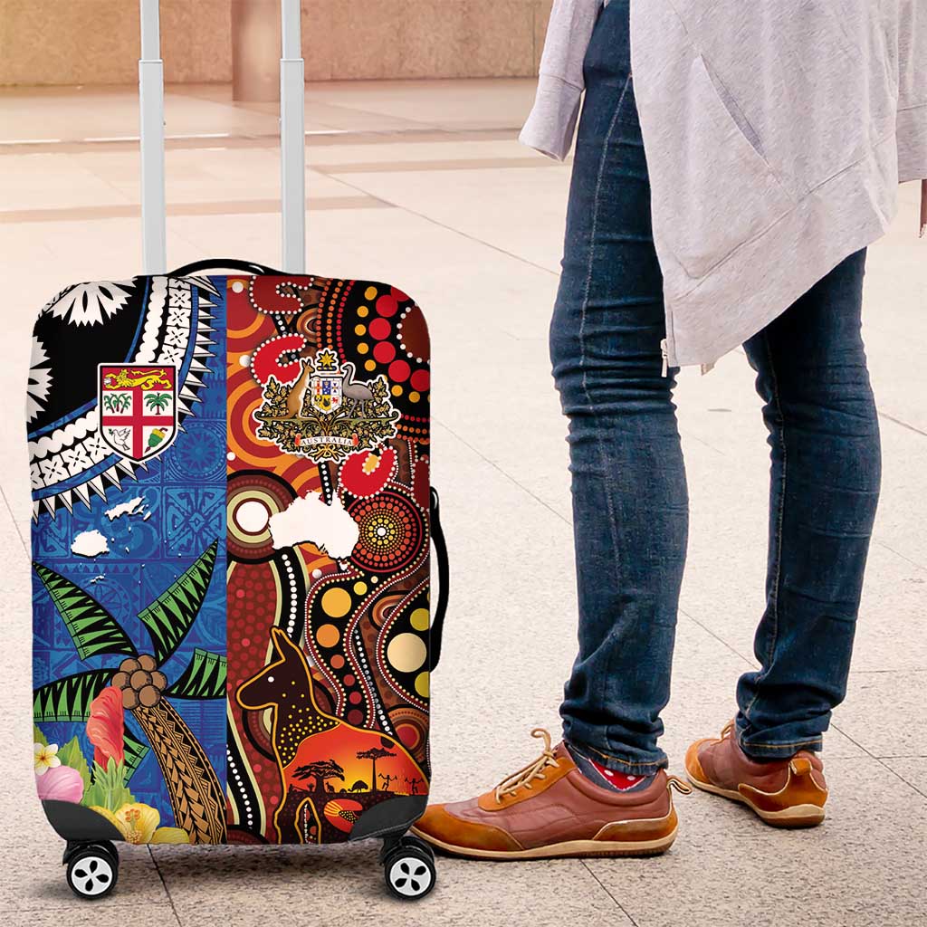 Fiji and Australia Together Luggage Cover Fijian Tapa Plants with Kangaroo and Aboriginal - Aussie Hoodie
