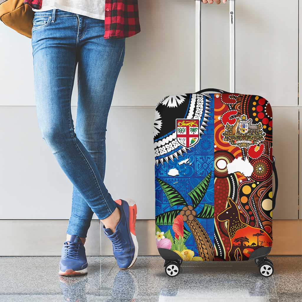 Fiji and Australia Together Luggage Cover Fijian Tapa Plants with Kangaroo and Aboriginal - Aussie Hoodie