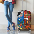 Fiji and Australia Together Luggage Cover Fijian Tapa Plants with Kangaroo and Aboriginal - Aussie Hoodie
