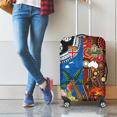 Fiji and Australia Together Luggage Cover Fijian Tapa Plants with Kangaroo and Aboriginal - Aussie Hoodie
