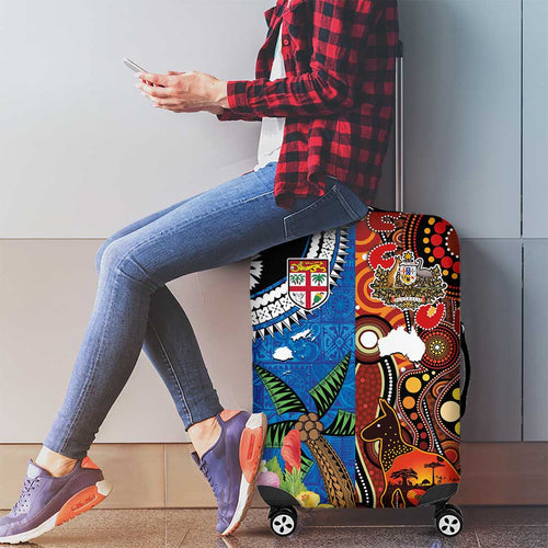 Fiji and Australia Together Luggage Cover Fijian Tapa Plants with Kangaroo and Aboriginal - Aussie Hoodie