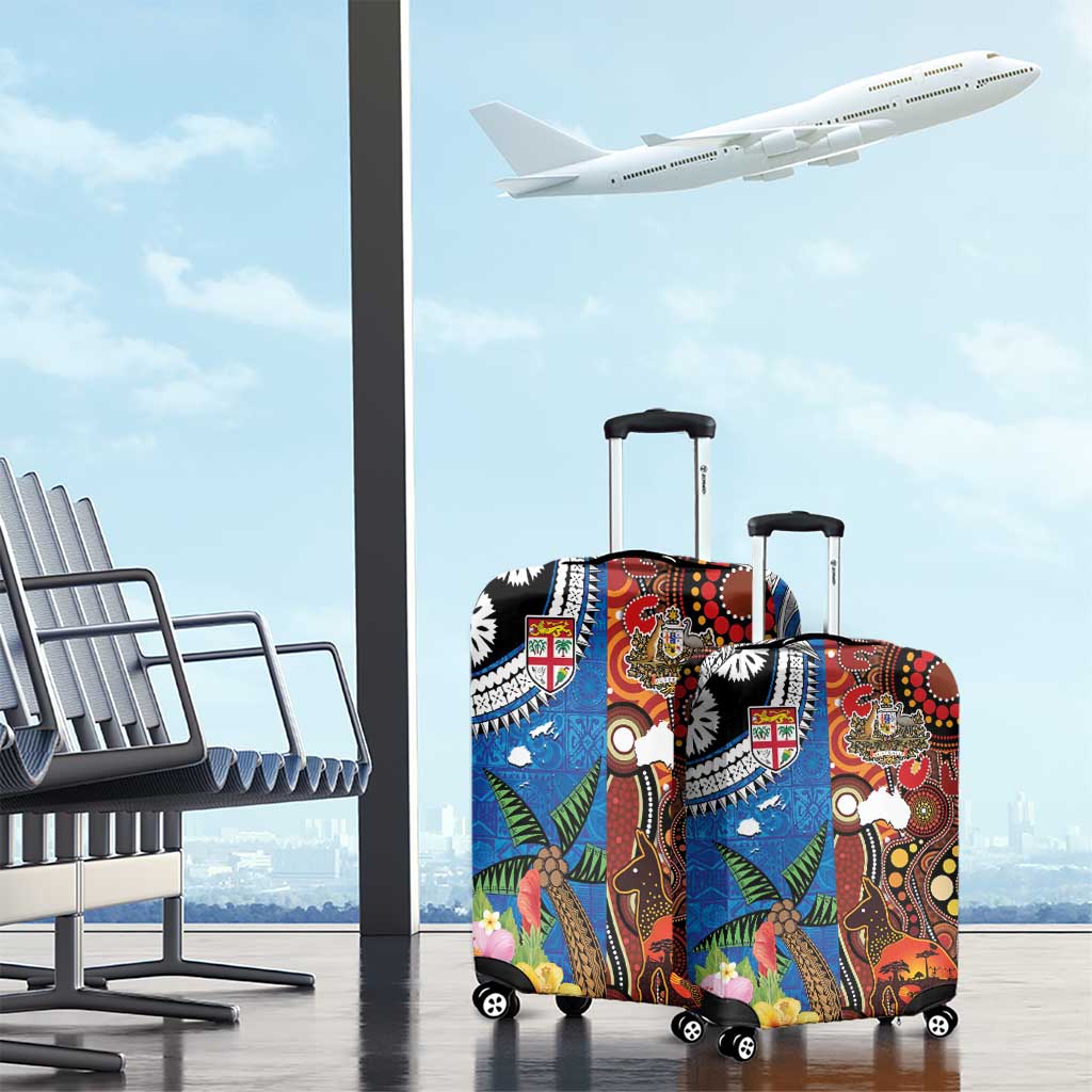 Fiji and Australia Together Luggage Cover Fijian Tapa Plants with Kangaroo and Aboriginal - Aussie Hoodie