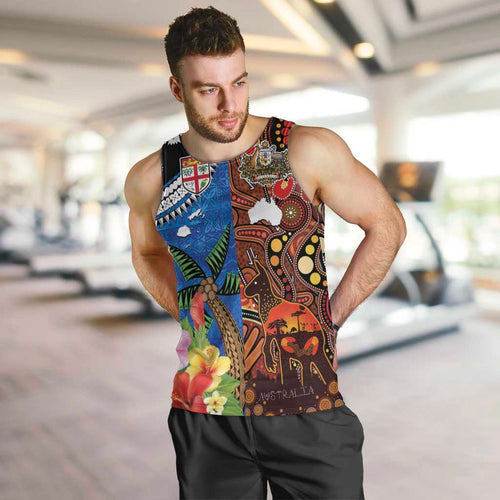 Fiji and Australia Together Men Tank Top Fijian Tapa Plants with Kangaroo and Aboriginal - Aussie Hoodie