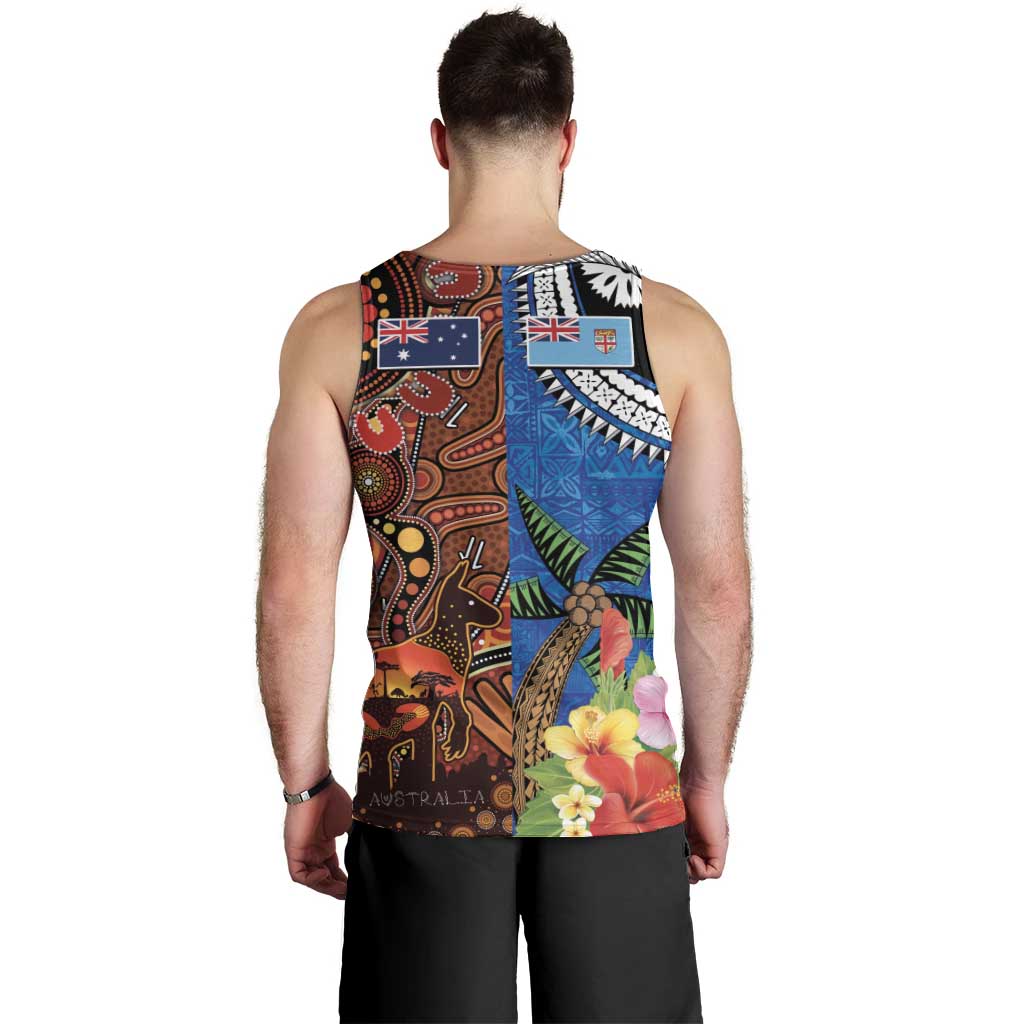 Fiji and Australia Together Men Tank Top Fijian Tapa Plants with Kangaroo and Aboriginal - Aussie Hoodie