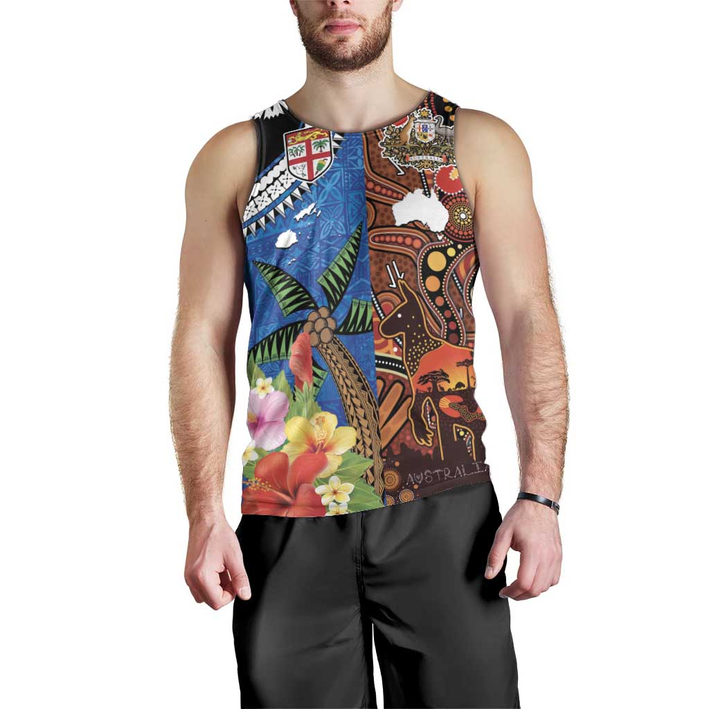 Fiji and Australia Together Men Tank Top Fijian Tapa Plants with Kangaroo and Aboriginal - Aussie Hoodie