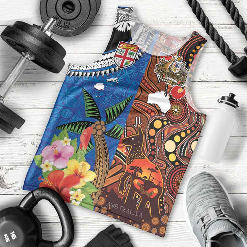 Fiji and Australia Together Men Tank Top Fijian Tapa Plants with Kangaroo and Aboriginal - Aussie Hoodie