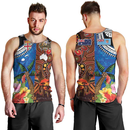 Fiji and Australia Together Men Tank Top Fijian Tapa Plants with Kangaroo and Aboriginal - Aussie Hoodie