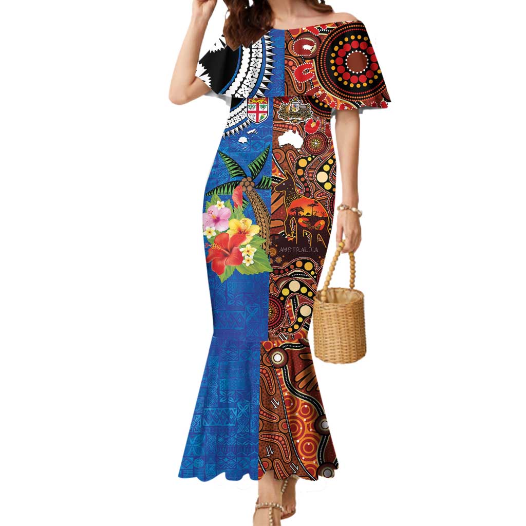 Fiji and Australia Together Mermaid Dress Fijian Tapa Plants with Kangaroo and Aboriginal - Aussie Hoodie