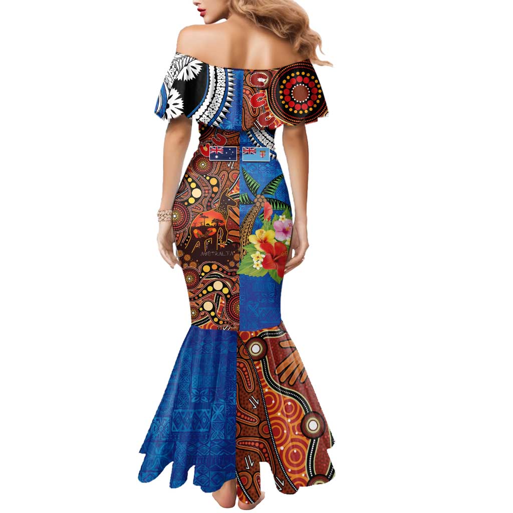 Fiji and Australia Together Mermaid Dress Fijian Tapa Plants with Kangaroo and Aboriginal - Aussie Hoodie
