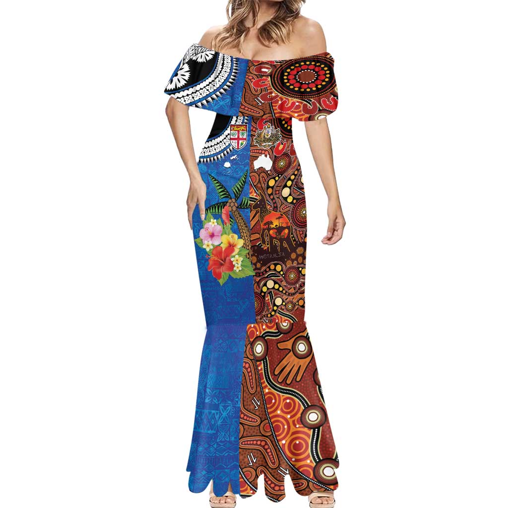 Fiji and Australia Together Mermaid Dress Fijian Tapa Plants with Kangaroo and Aboriginal - Aussie Hoodie