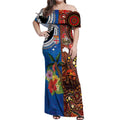 Fiji and Australia Together Off Shoulder Maxi Dress Fijian Tapa Plants with Kangaroo and Aboriginal - Aussie Hoodie