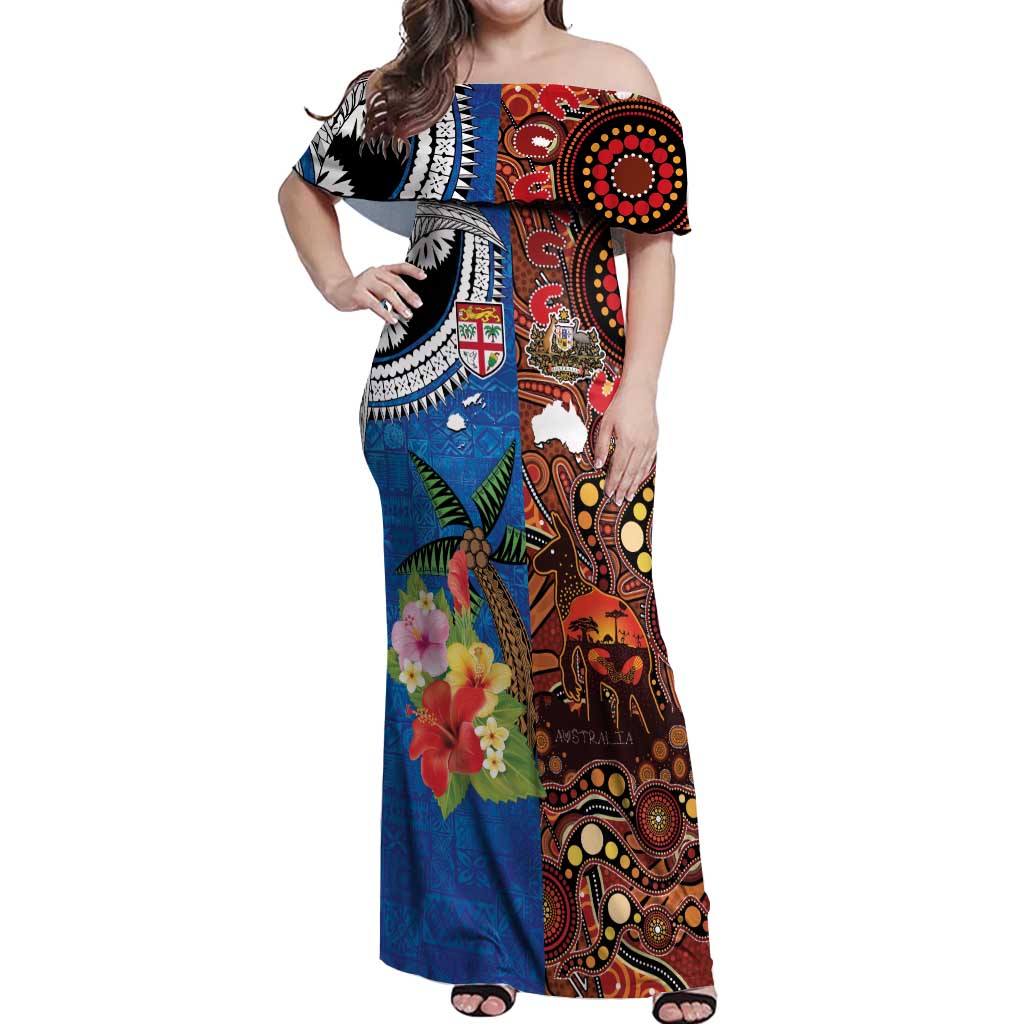 Fiji and Australia Together Off Shoulder Maxi Dress Fijian Tapa Plants with Kangaroo and Aboriginal - Aussie Hoodie