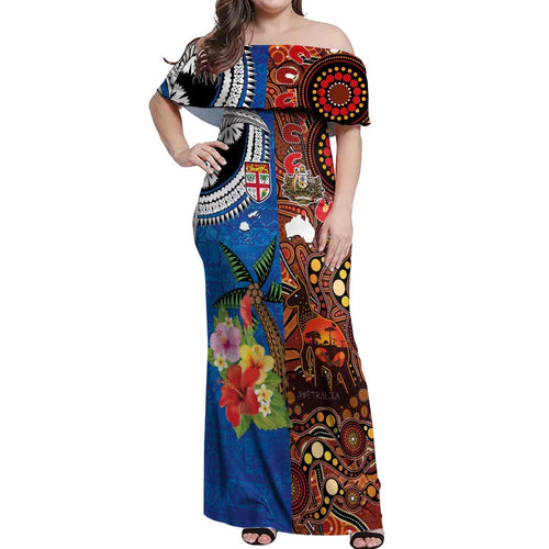 Fiji and Australia Together Off Shoulder Maxi Dress Fijian Tapa Plants with Kangaroo and Aboriginal - Aussie Hoodie