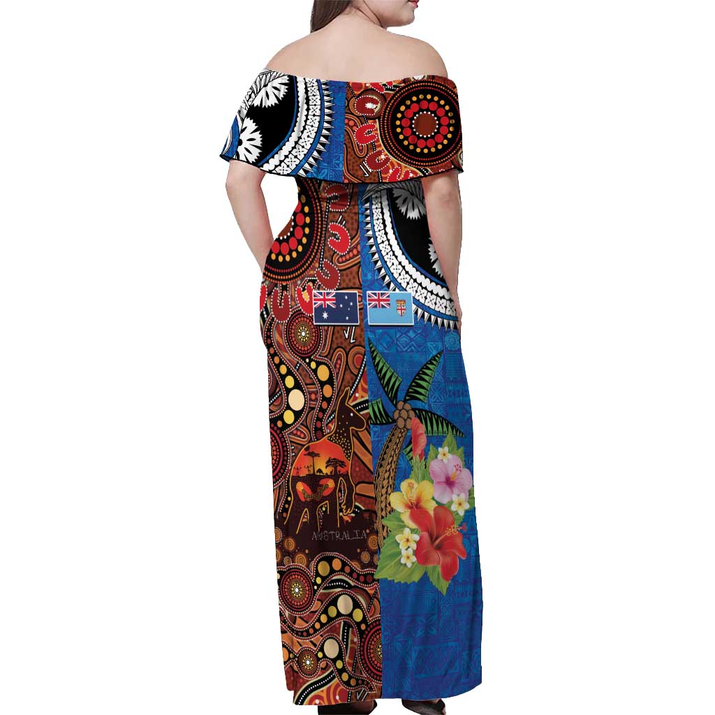 Fiji and Australia Together Off Shoulder Maxi Dress Fijian Tapa Plants with Kangaroo and Aboriginal - Aussie Hoodie