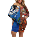 Fiji and Australia Together Off Shoulder Short Dress Fijian Tapa Plants with Kangaroo and Aboriginal - Aussie Hoodie