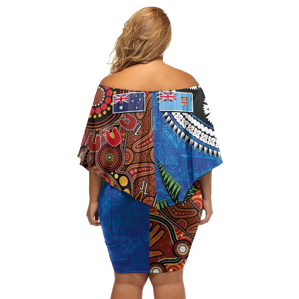 Fiji and Australia Together Off Shoulder Short Dress Fijian Tapa Plants with Kangaroo and Aboriginal - Aussie Hoodie