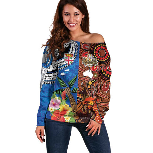 Fiji and Australia Together Off Shoulder Sweater Fijian Tapa Plants with Kangaroo and Aboriginal - Aussie Hoodie