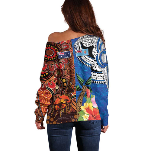 Fiji and Australia Together Off Shoulder Sweater Fijian Tapa Plants with Kangaroo and Aboriginal - Aussie Hoodie