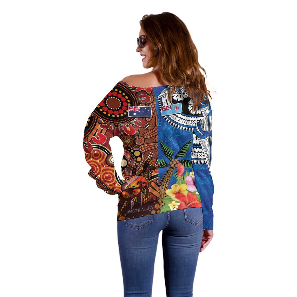Fiji and Australia Together Off Shoulder Sweater Fijian Tapa Plants with Kangaroo and Aboriginal - Aussie Hoodie