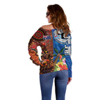 Fiji and Australia Together Off Shoulder Sweater Fijian Tapa Plants with Kangaroo and Aboriginal - Aussie Hoodie