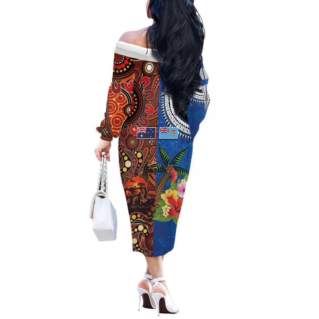 Fiji and Australia Together Off The Shoulder Long Sleeve Dress Fijian Tapa Plants with Kangaroo and Aboriginal - Aussie Hoodie