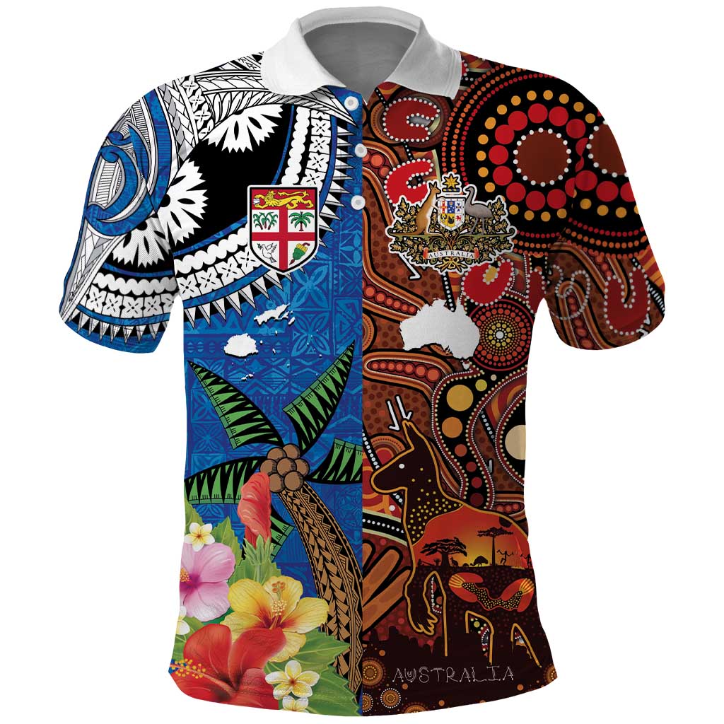Fiji and Australia Together Polo Shirt Fijian Tapa Plants with Kangaroo and Aboriginal - Aussie Hoodie