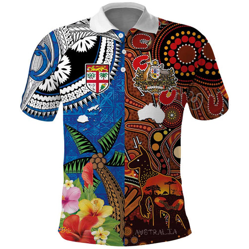Fiji and Australia Together Polo Shirt Fijian Tapa Plants with Kangaroo and Aboriginal - Aussie Hoodie