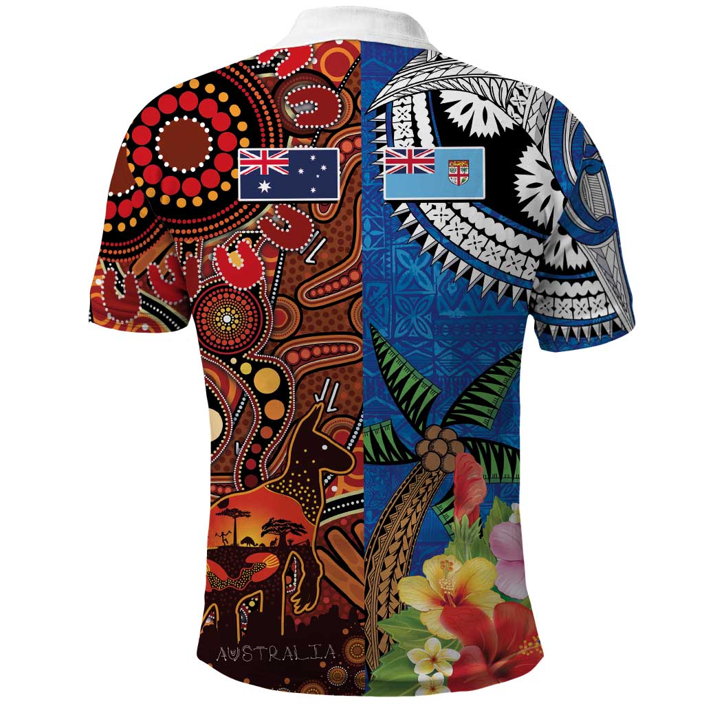 Fiji and Australia Together Polo Shirt Fijian Tapa Plants with Kangaroo and Aboriginal - Aussie Hoodie