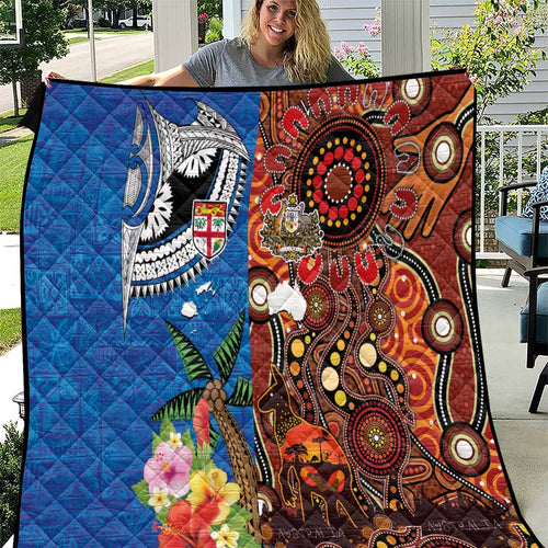Fiji and Australia Together Quilt Fijian Tapa Plants with Kangaroo and Aboriginal - Aussie Hoodie