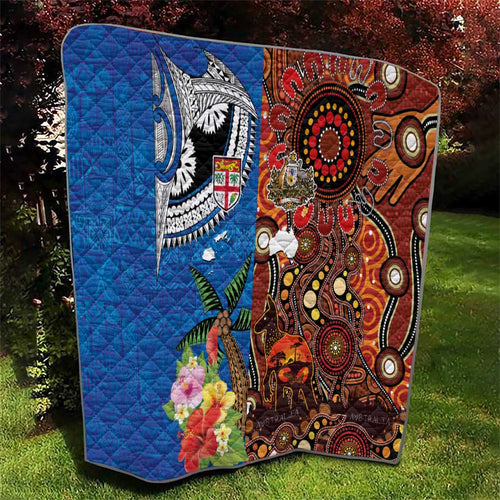 Fiji and Australia Together Quilt Fijian Tapa Plants with Kangaroo and Aboriginal - Aussie Hoodie