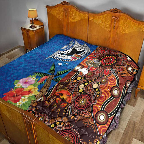 Fiji and Australia Together Quilt Fijian Tapa Plants with Kangaroo and Aboriginal - Aussie Hoodie