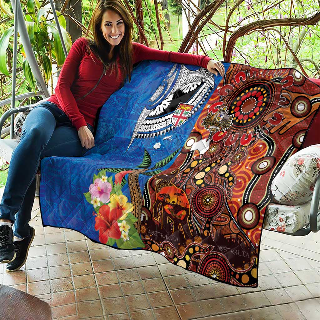 Fiji and Australia Together Quilt Fijian Tapa Plants with Kangaroo and Aboriginal - Aussie Hoodie
