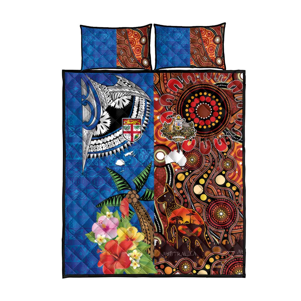 Fiji and Australia Together Quilt Bed Set Fijian Tapa Plants with Kangaroo and Aboriginal - Aussie Hoodie