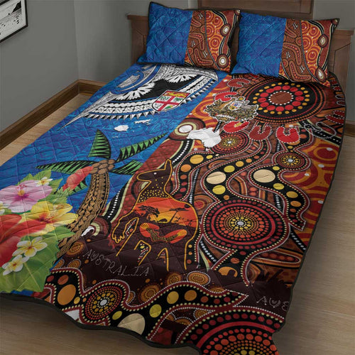 Fiji and Australia Together Quilt Bed Set Fijian Tapa Plants with Kangaroo and Aboriginal - Aussie Hoodie
