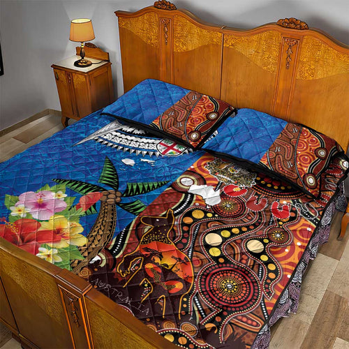 Fiji and Australia Together Quilt Bed Set Fijian Tapa Plants with Kangaroo and Aboriginal - Aussie Hoodie
