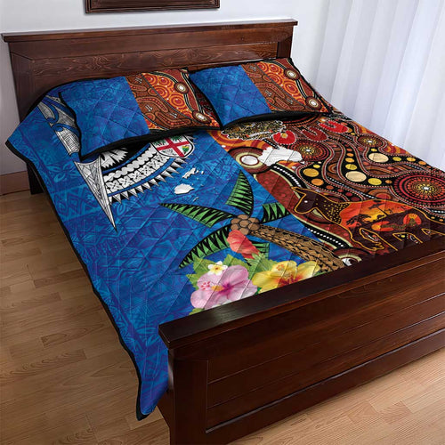 Fiji and Australia Together Quilt Bed Set Fijian Tapa Plants with Kangaroo and Aboriginal - Aussie Hoodie