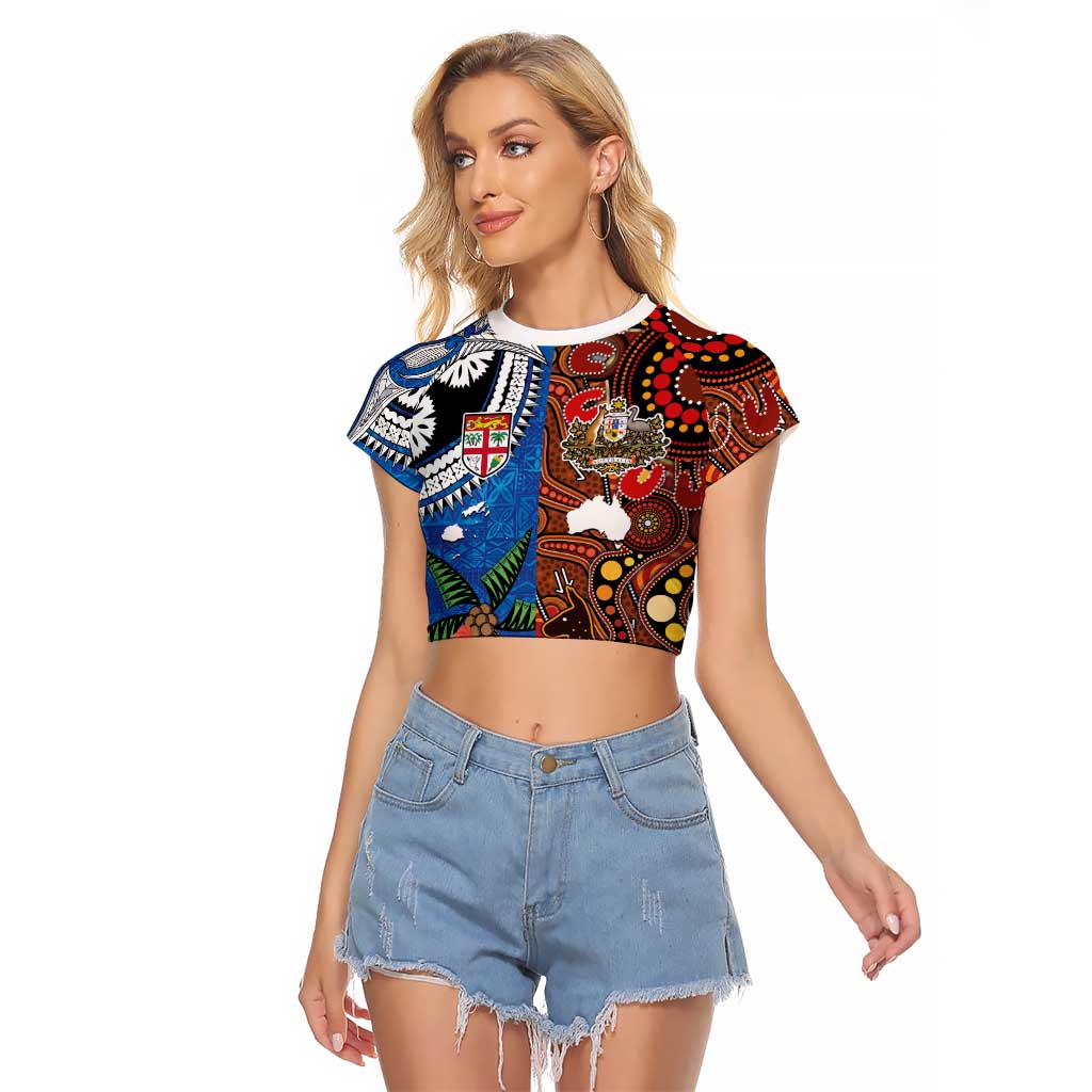 Fiji and Australia Together Raglan Cropped T Shirt Fijian Tapa Plants with Kangaroo and Aboriginal - Aussie Hoodie