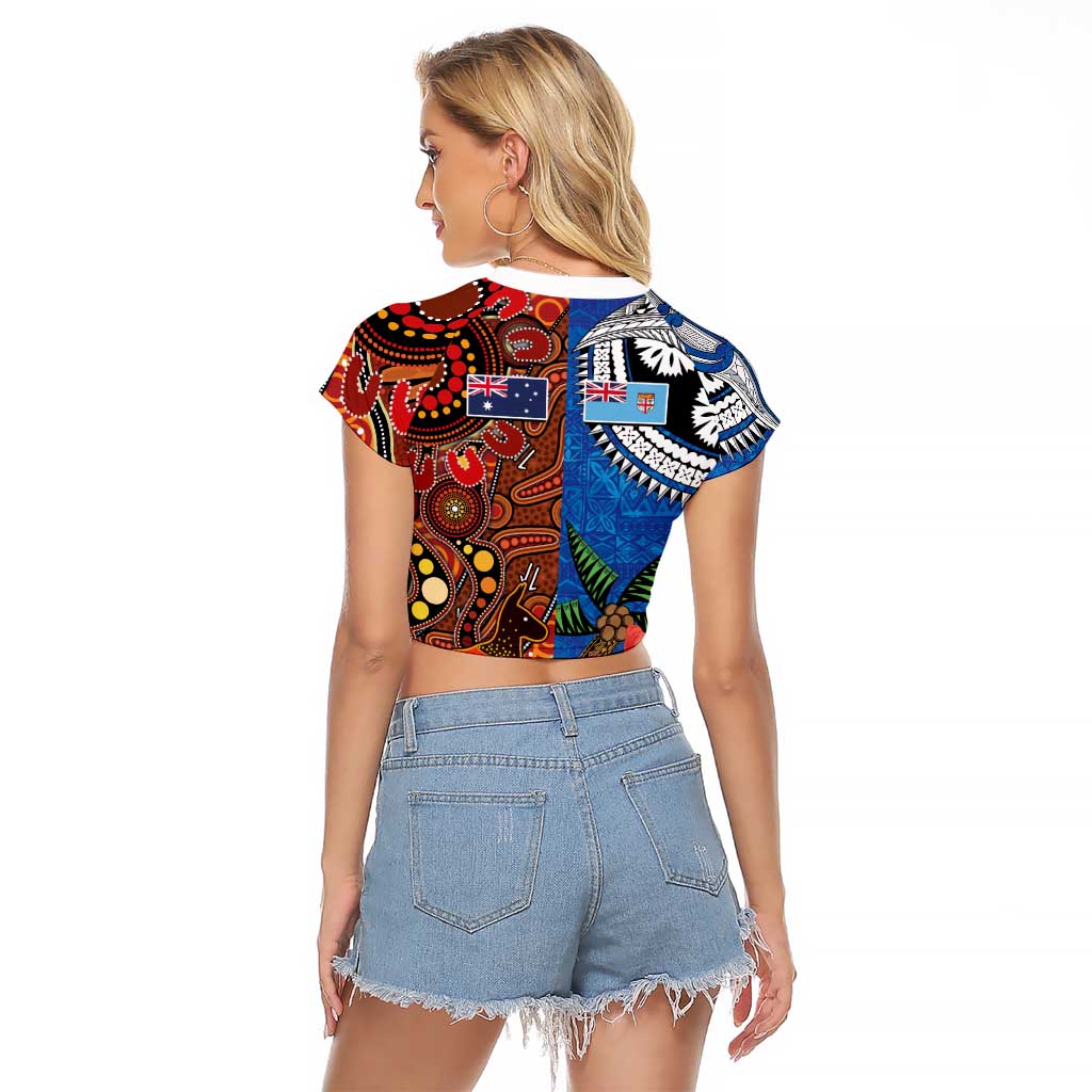 Fiji and Australia Together Raglan Cropped T Shirt Fijian Tapa Plants with Kangaroo and Aboriginal - Aussie Hoodie