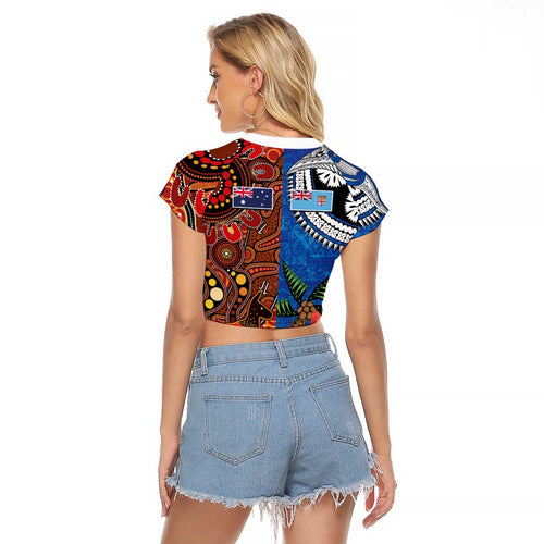 Fiji and Australia Together Raglan Cropped T Shirt Fijian Tapa Plants with Kangaroo and Aboriginal - Aussie Hoodie