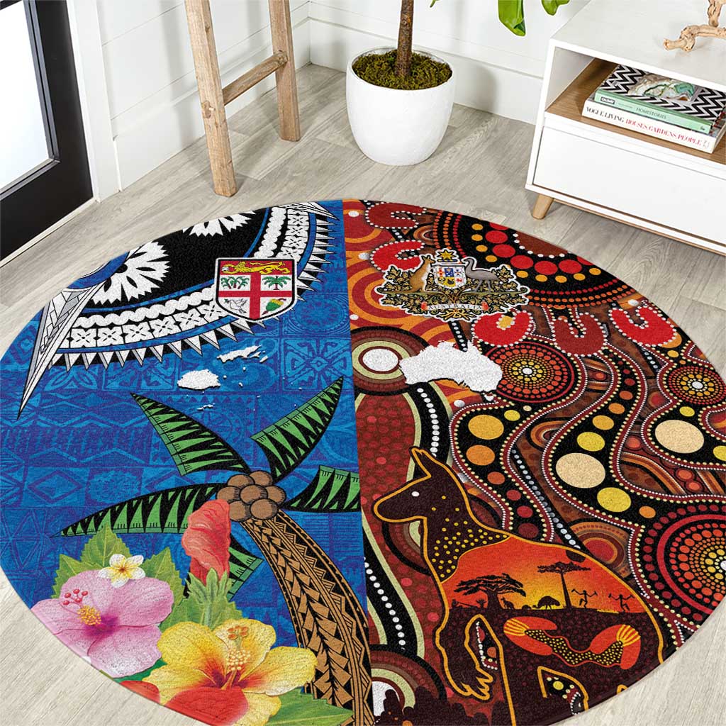 Fiji and Australia Together Round Carpet Fijian Tapa Plants with Kangaroo and Aboriginal - Aussie Hoodie