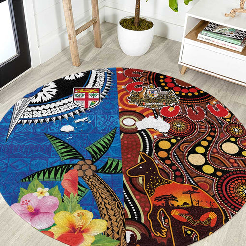 Fiji and Australia Together Round Carpet Fijian Tapa Plants with Kangaroo and Aboriginal - Aussie Hoodie